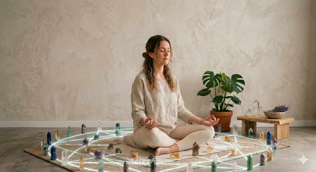 A woman with her eyes closed, meditating in a lotus pose on a natural fiber mat. She is surrounded by a complex geometric crystal grid formation that glows with a cold white light. The mat and grid are centered on a concrete floor in a minimalist room with textured walls. To her right, a large Monstera plant in a terracotta pot stands next to a small wooden table holding more crystals and a bowl of dried lavender.