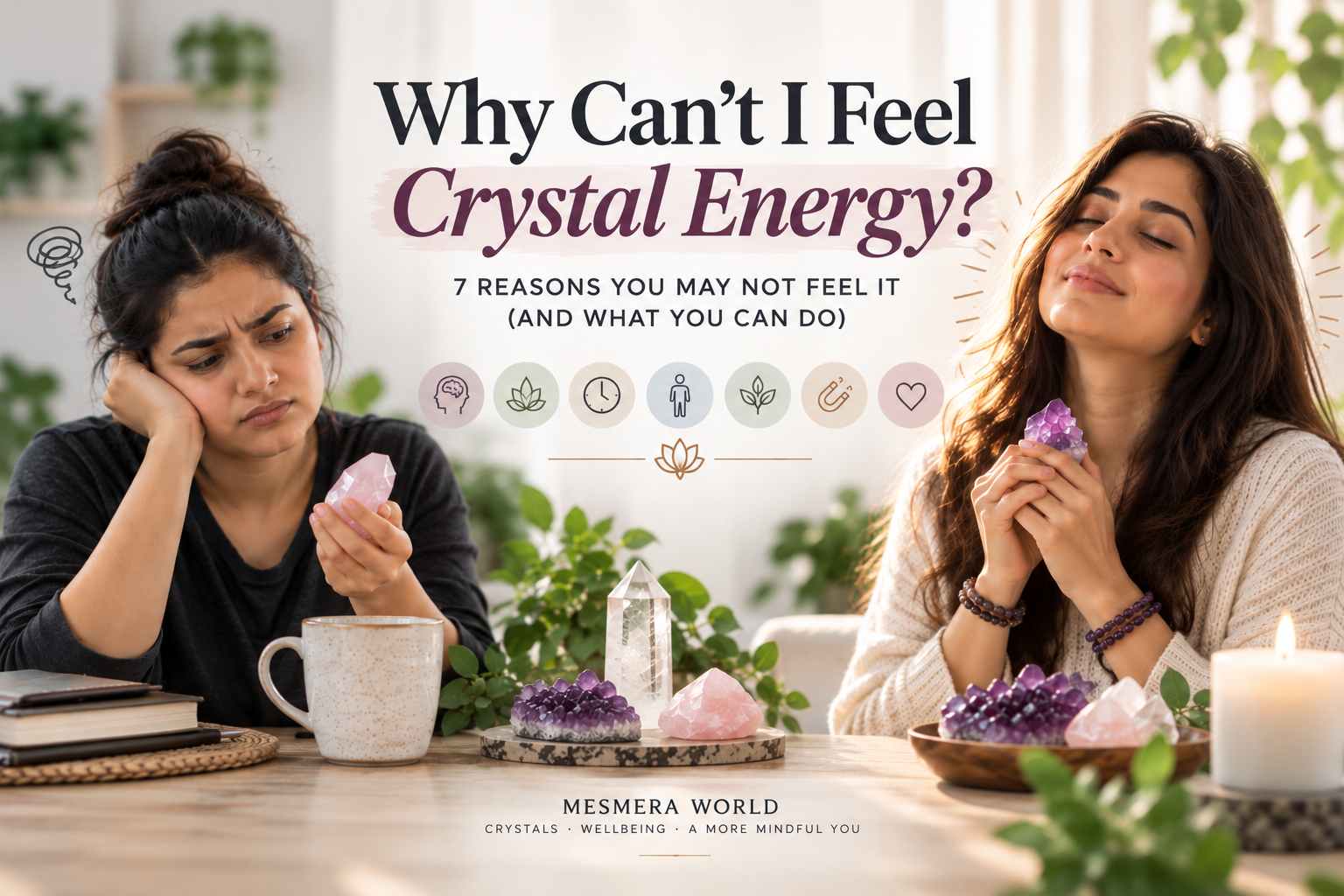 Two women having different experiences with crystals, illustrating why some people may not feel crystal energy.