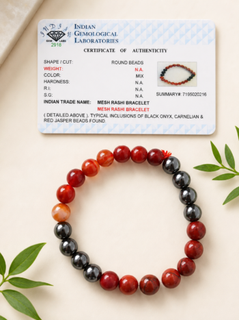 Indian Gemological Laboratories authenticity certificate displayed with the Mesh Rashi Bracelet made from Black Onyx, Carnelian, and Red Jasper crystals.