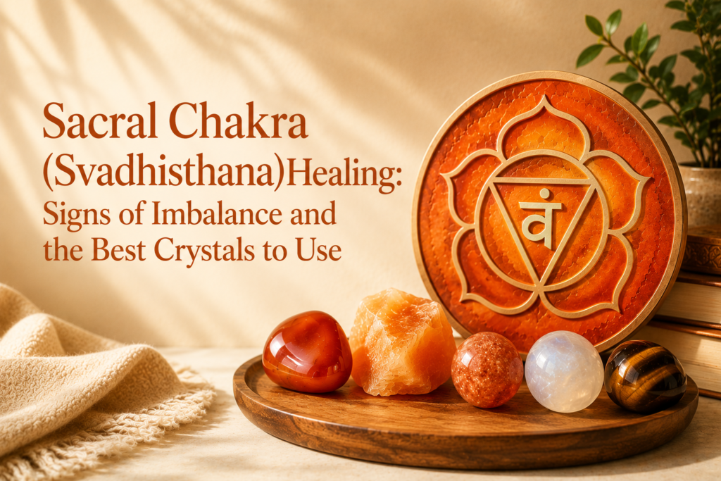 Sacral Chakra (Svadhisthana) symbol with Carnelian, Orange Calcite, Sunstone, Moonstone and Tiger Eye crystals for emotional healing and creativity