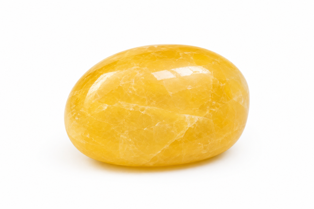 Polished yellow calcite tumble stone isolated on a white background, showcasing its smooth finish and natural golden-yellow patterns.