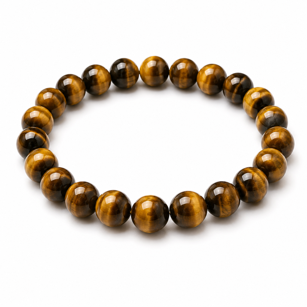 Tiger Eye gemstone bracelet with polished round beads displayed on a white background, highlighting its distinctive golden-brown chatoyant bands and glossy finish.