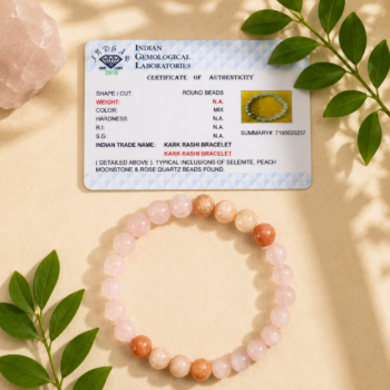 Kark Rashi (Cancer) natural crystal bracelet displayed with its Indian Gemological Laboratories authenticity certificate on a premium beige background.