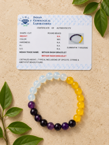 Mithun Rashi (Gemini) Bracelet with Opalite, Citrine and Amethyst alongside its Indian Gemological Laboratories (IGL) Certificate of Authenticity.