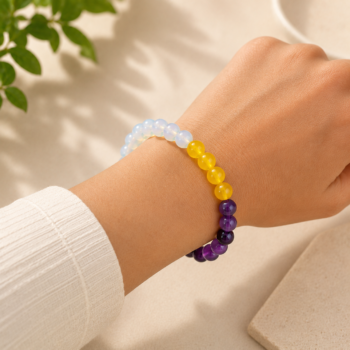Mithun Rashi (Gemini) crystal bracelet with natural Opalite, Citrine and Amethyst beads worn on the wrist.
