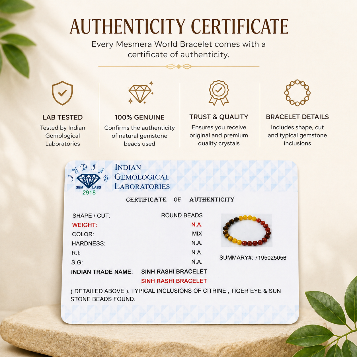 Authenticity certificate infographic for the Mesmera World Sinh Rashi Bracelet issued by Indian Gemological Laboratories, highlighting genuine natural gemstone verification.