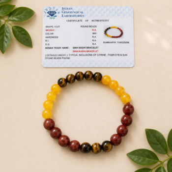 Sinh Rashi सिंह राशी Bracelet with Citrine, Tiger Eye and Sunstone beads displayed with IGI authenticity certificate on a premium beige background.