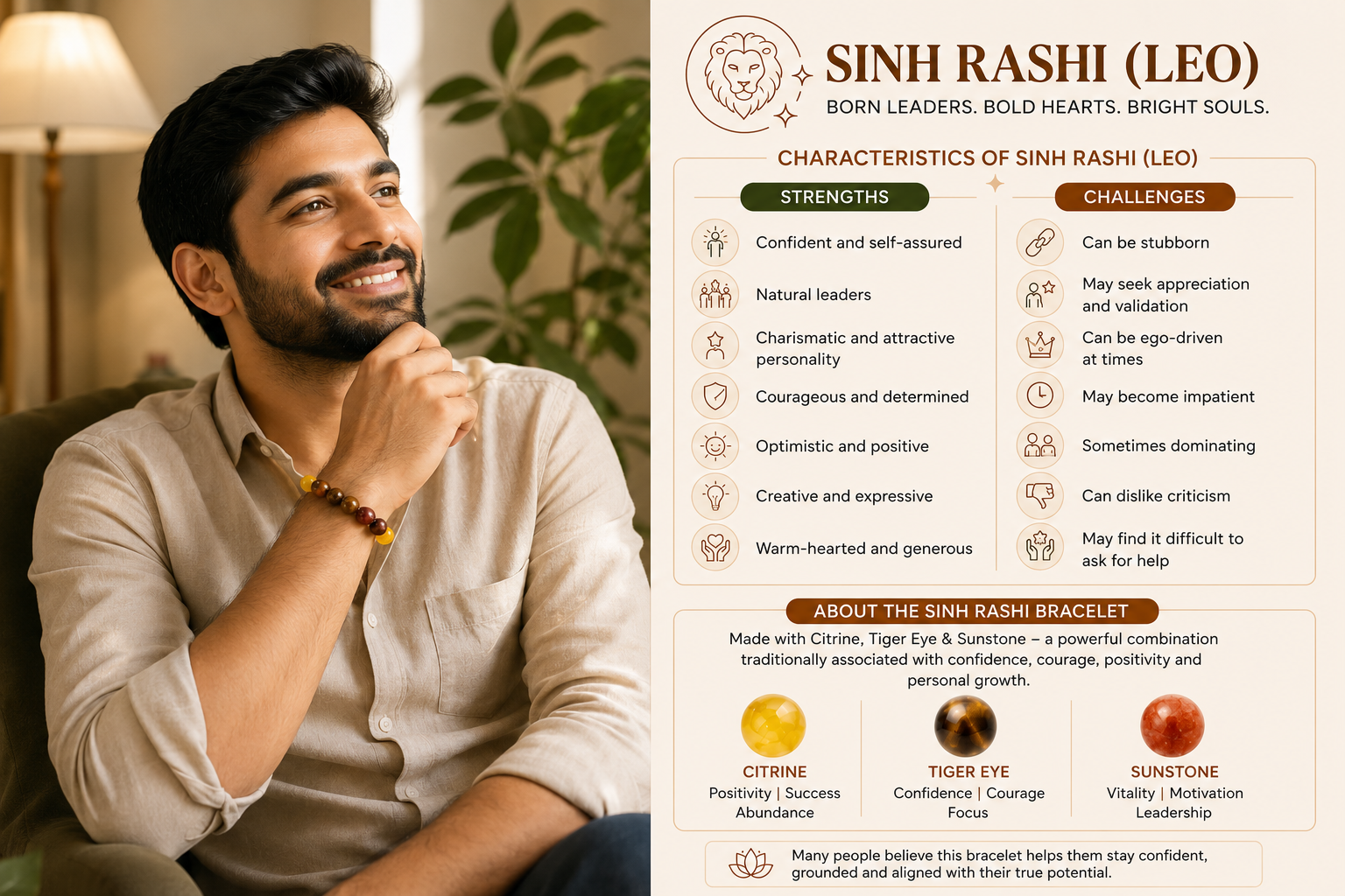 Man wearing the Sinh Rashi (Leo) Bracelet made with Citrine, Tiger Eye and Sunstone alongside an infographic showing Leo personality traits, strengths and challenges