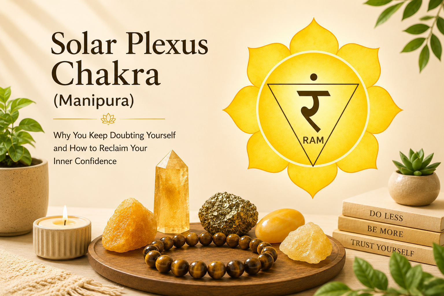 Solar Plexus Chakra (Manipura) symbol with Citrine, Tiger Eye, Pyrite, Yellow Calcite and Yellow Jade crystals representing confidence and personal power