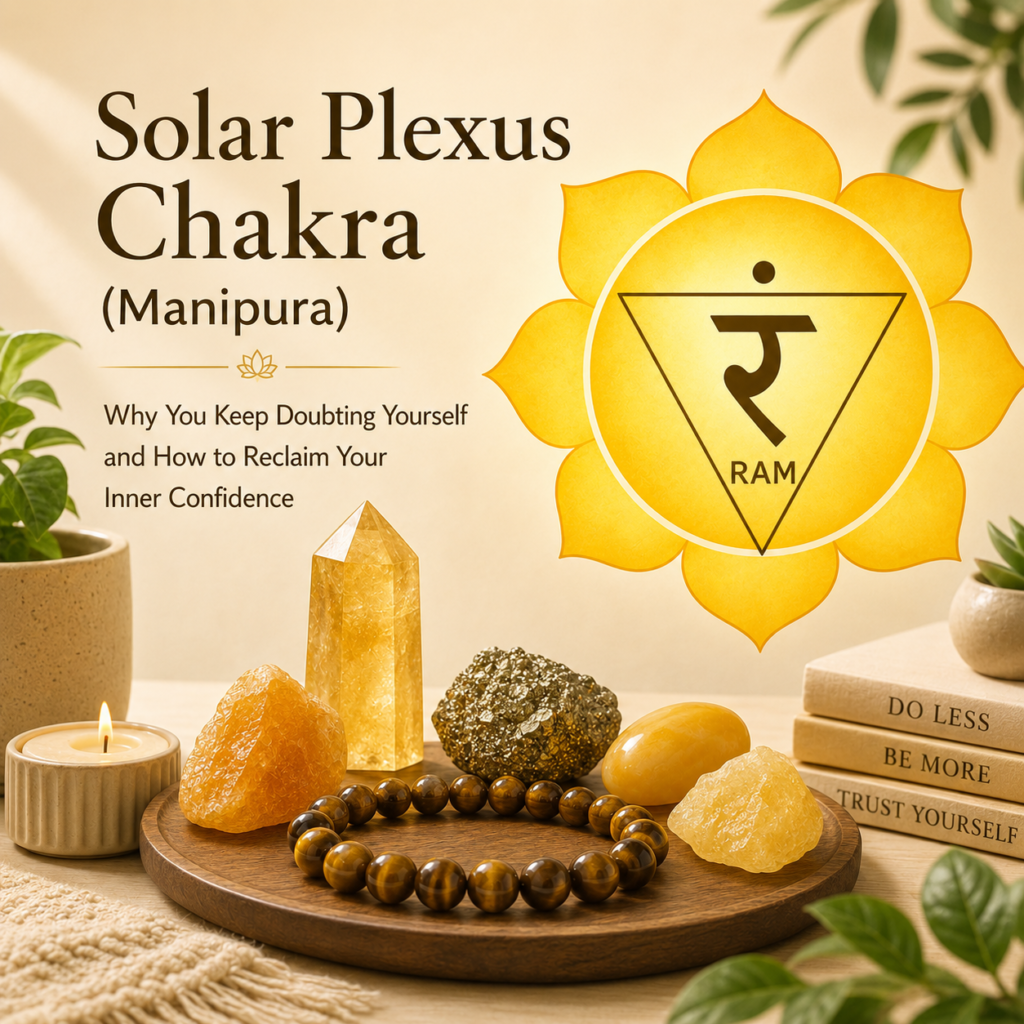 Solar Plexus Chakra (Manipura) symbol with Citrine, Tiger Eye, Pyrite, Yellow Calcite and Yellow Jade crystals representing confidence and personal power