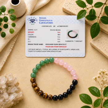 Vrushabh Rashi Bracelet with IGL authenticity certificate featuring Rose Quartz, Green Jade, Tiger Eye and Green Aventurine beads