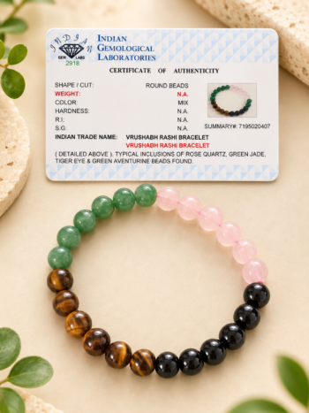 Vrushabh Rashi Bracelet with IGL authenticity certificate featuring Rose Quartz, Green Jade, Tiger Eye, Black Onyx, and Green Aventurine crystals.