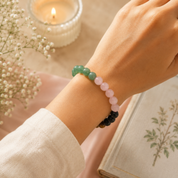 Woman wearing the Vrushabh Rashi Bracelet featuring Rose Quartz, Green Aventurine, Tiger Eye, and Black Onyx in a warm lifestyle setting.
