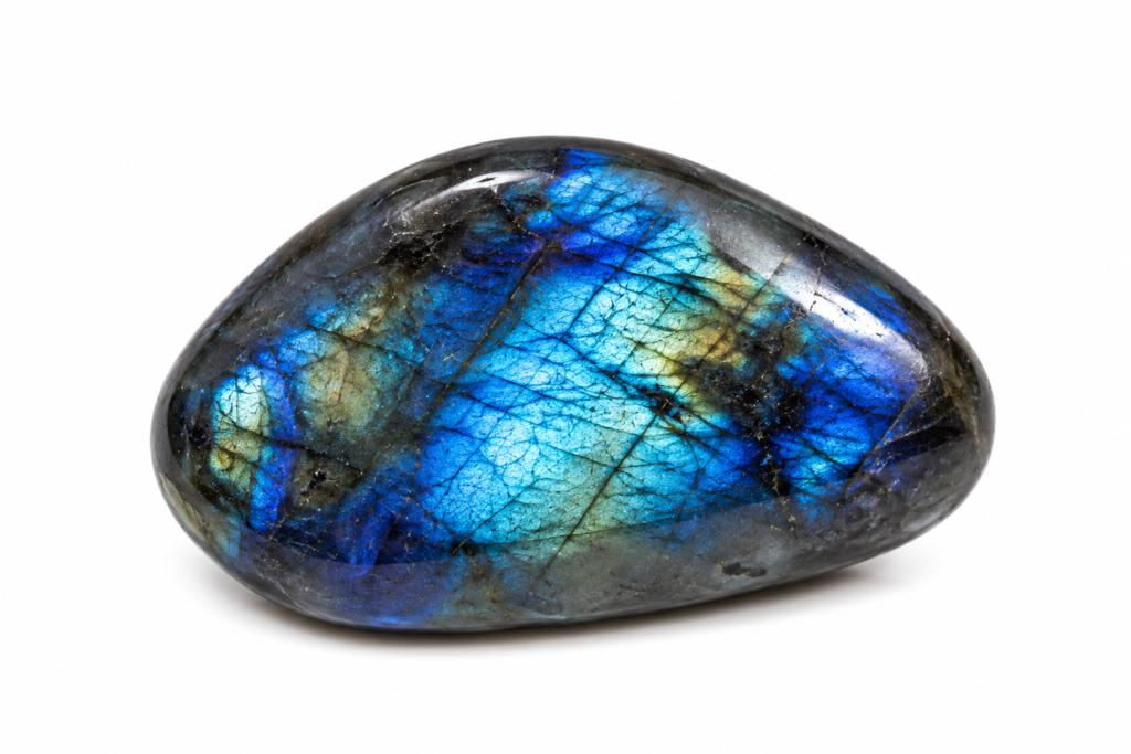 Natural polished Labradorite palm stone with vibrant blue, teal, and golden labradorescence isolated on a white background, traditionally associated with the Third Eye Chakra, intuition, transformation, and self-discovery.