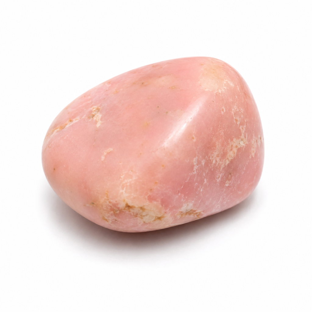 Natural Pink Opal tumble stone for balancing Heart Chakra (Anahata) with a polished blush pink surface and subtle cream mineral matrix on a clean white background.

