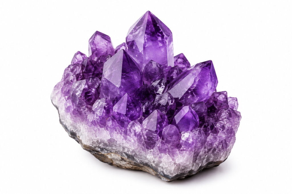 Natural purple Amethyst crystal cluster with sparkling quartz points isolated on a white background, traditionally associated with the Crown Chakra (Sahasrar), intuition, mental clarity, and meditation.