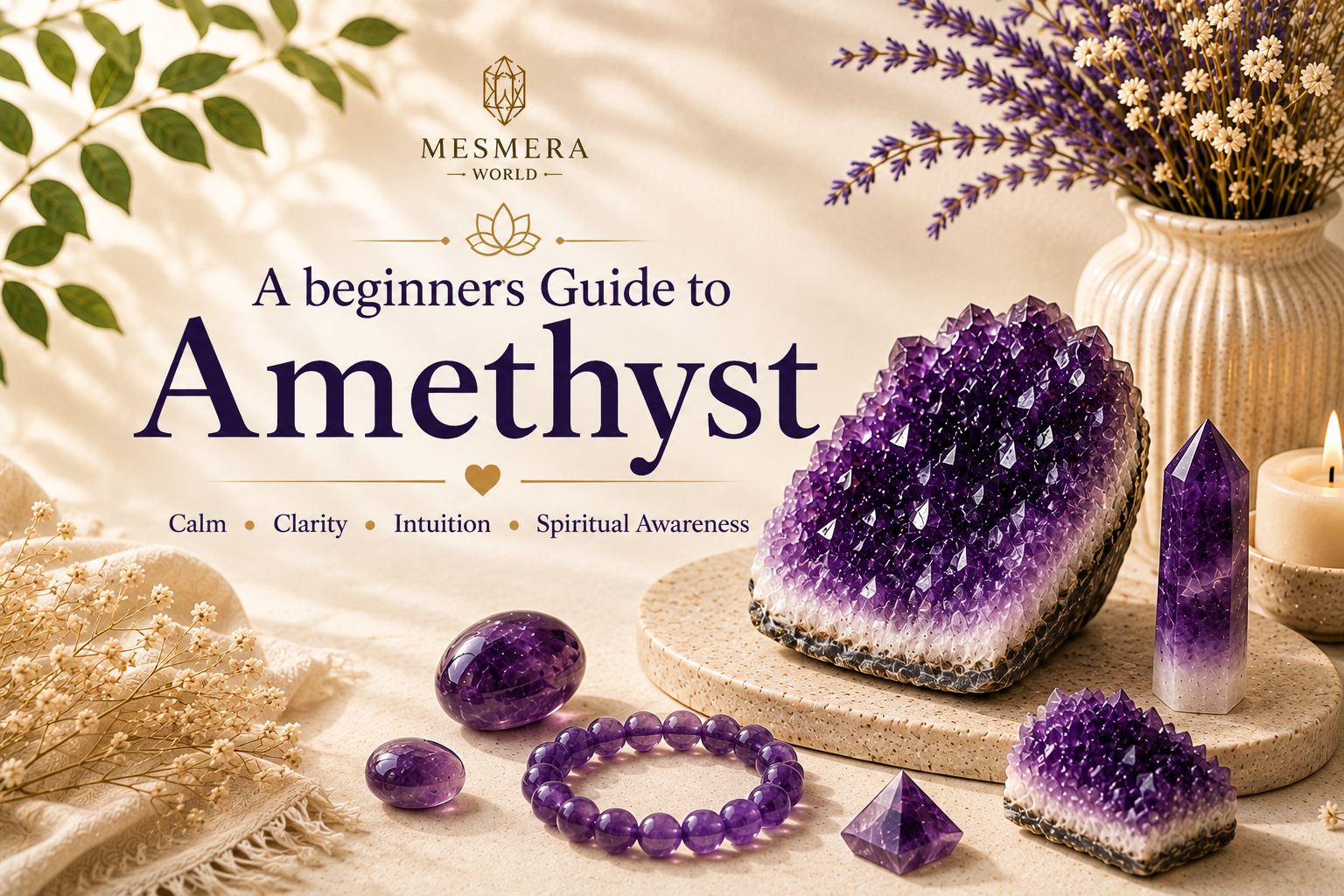 Amethyst crystal guide featuring a natural Amethyst cluster, bracelet, point and polished stones in a warm, peaceful setting.