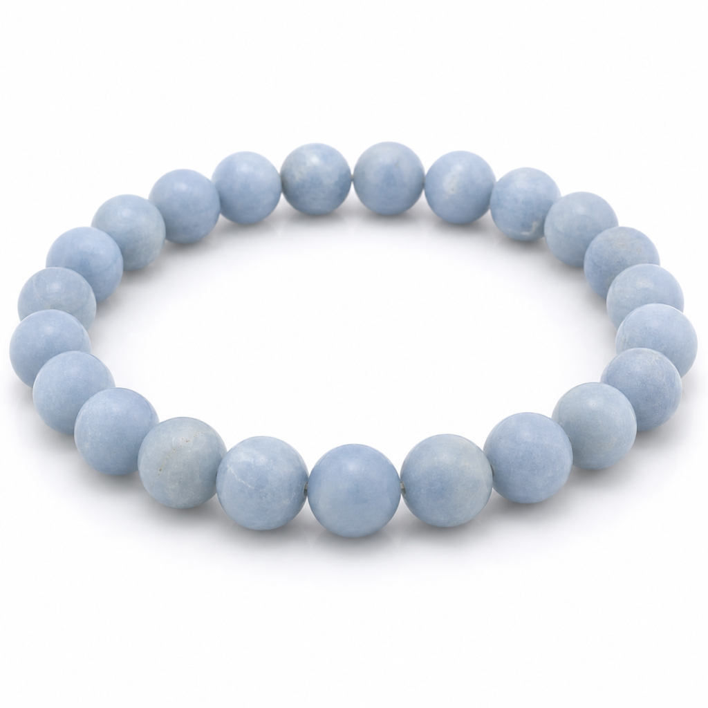 Natural Angelite bracelet with polished soft powder blue gemstone beads on a white background. Traditionally associated with peaceful communication, compassion, emotional understanding, and the Throat Chakra.