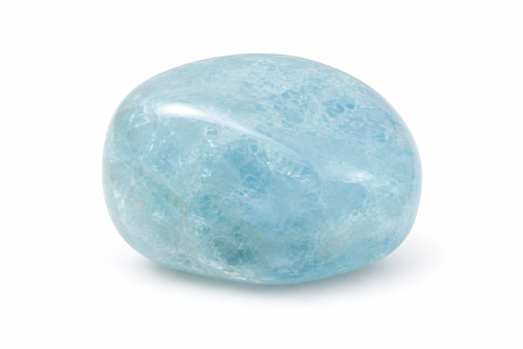 Natural Aquamarine tumble stone with a polished pale blue finish on a white background. Traditionally associated with calm communication, courage, emotional clarity, and the Throat Chakra.