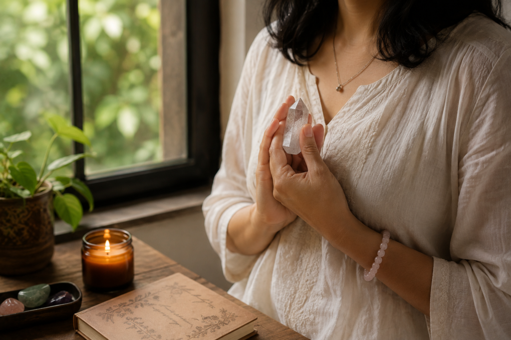 Woman holding a Clear Quartz crystal near her heart while setting an intention in a calm space by a window.