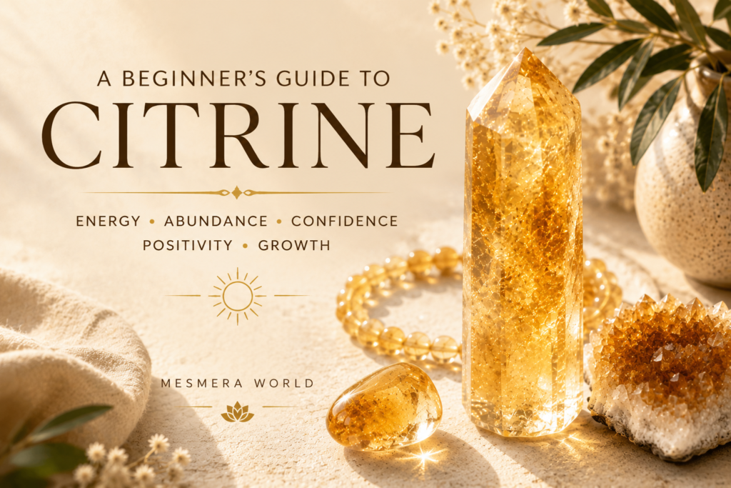 Citrine crystal guide featuring golden Citrine crystals representing abundance, confidence, positivity and energy