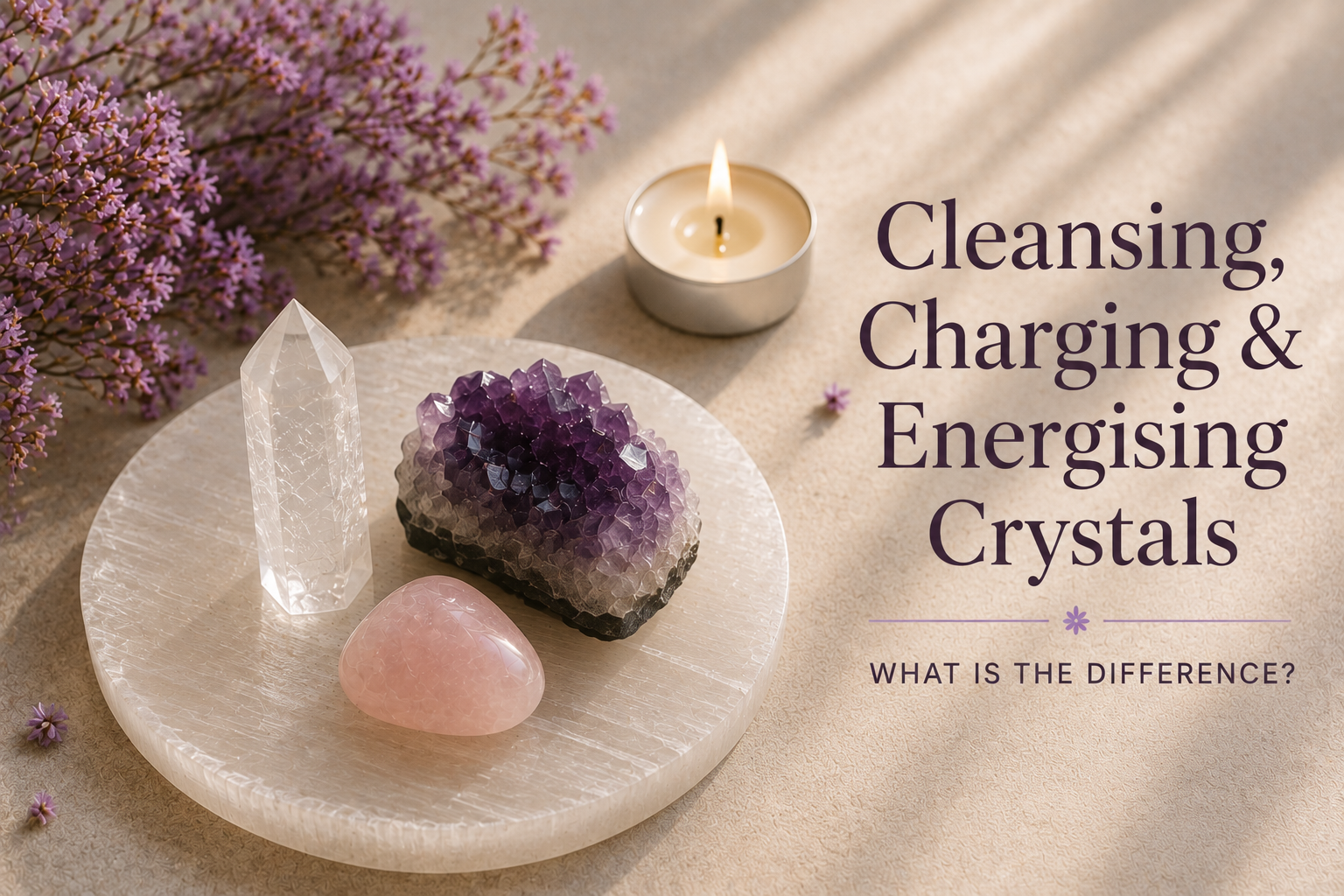 Crystals on a selenite plate illustrating cleansing, charging and energising crystals with intention.