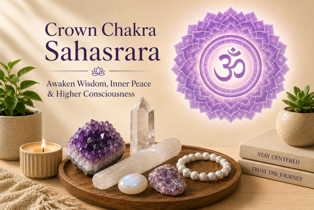 Premium featured image of the Crown Chakra (Sahasrara) with Amethyst, Clear Quartz, Selenite, Moonstone, Lepidolite, White Howlite bracelet and the violet Crown Chakra symbol.