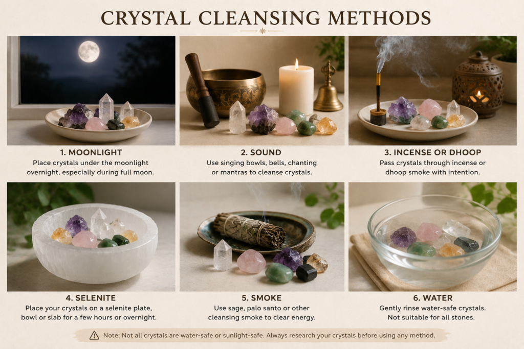 Crystal cleansing methods showing moonlight, sound, incense or dhoop, selenite, smoke and water cleansing for crystals.