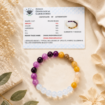Dhanu Rashi Sagittarius Bracelet with Opalite, Yellow Aventurine and Purple Suleimani displayed below its authenticity certificate.