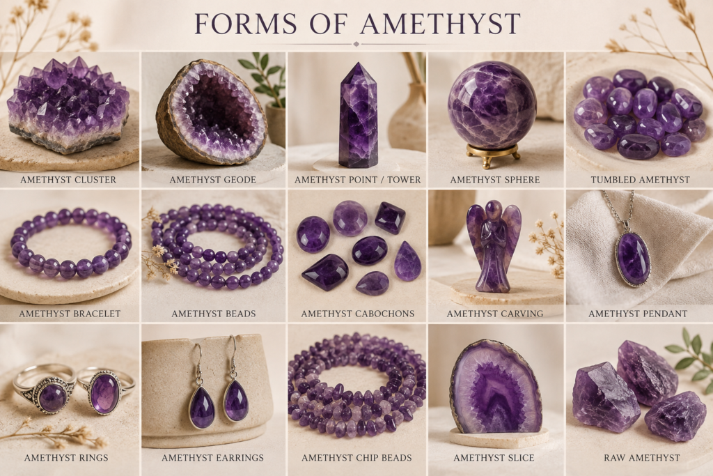 Different forms of Amethyst crystal including cluster, geode, point, sphere, tumbled stones, bracelet, beads, cabochons, carvings and jewellery.