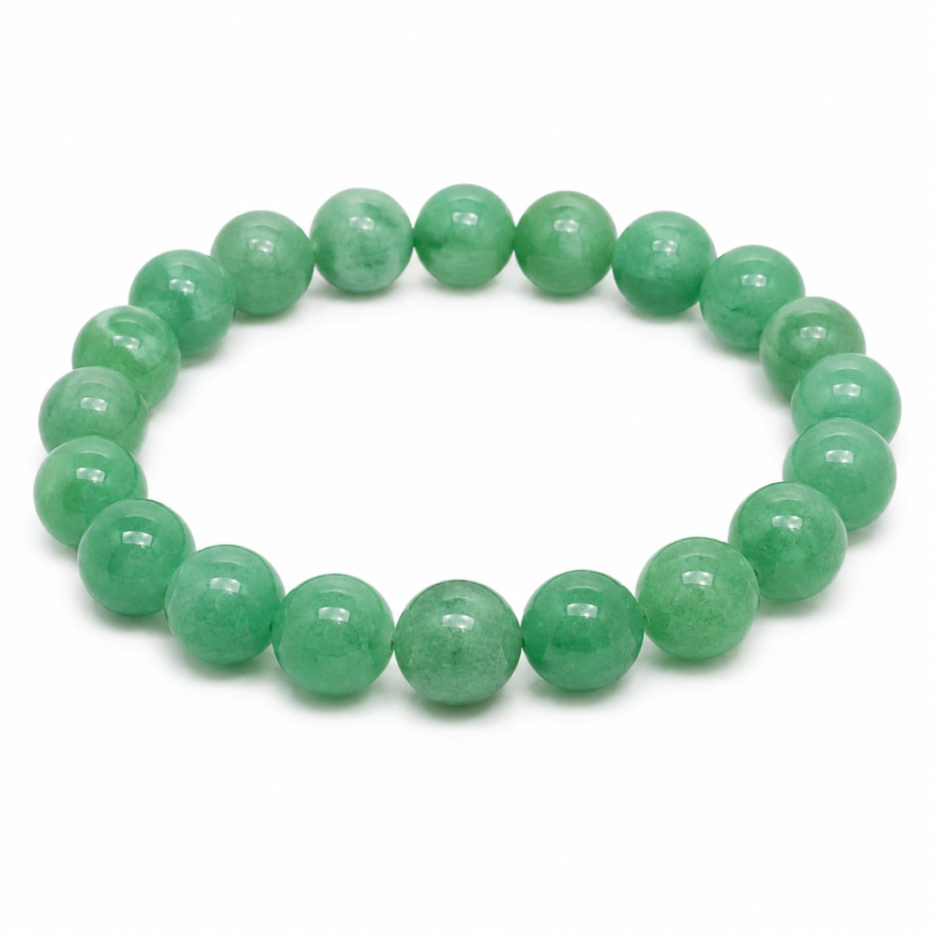 Natural Green Aventurine crystal bracelet for balancing Heart Chakra (Anahata) with polished round green gemstone beads arranged in a circular shape on a clean white background.