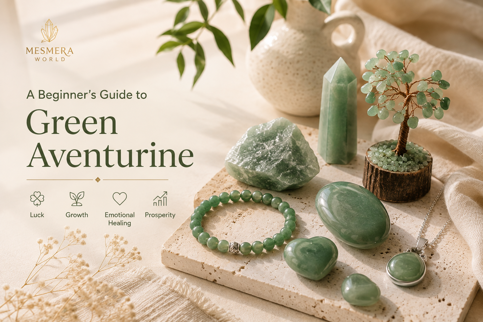 Green Aventurine crystal bracelet, raw stone, tower, pendant and crystal tree for a beginner’s guide to Green Aventurine.