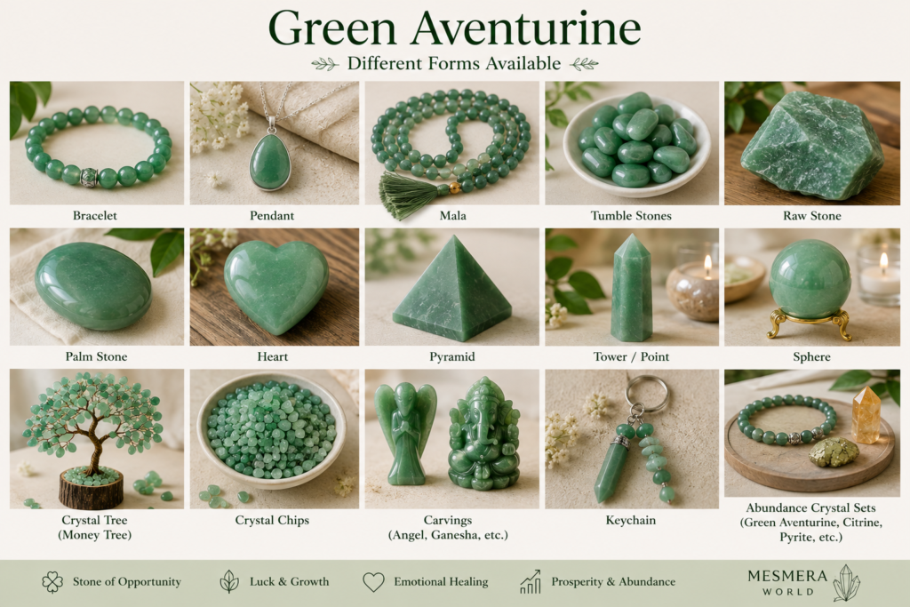 Different forms of Green Aventurine including bracelet, pendant, mala, tumble stones, raw stone, palm stone, heart, pyramid, tower, sphere, crystal tree, chips, carvings and keychain.