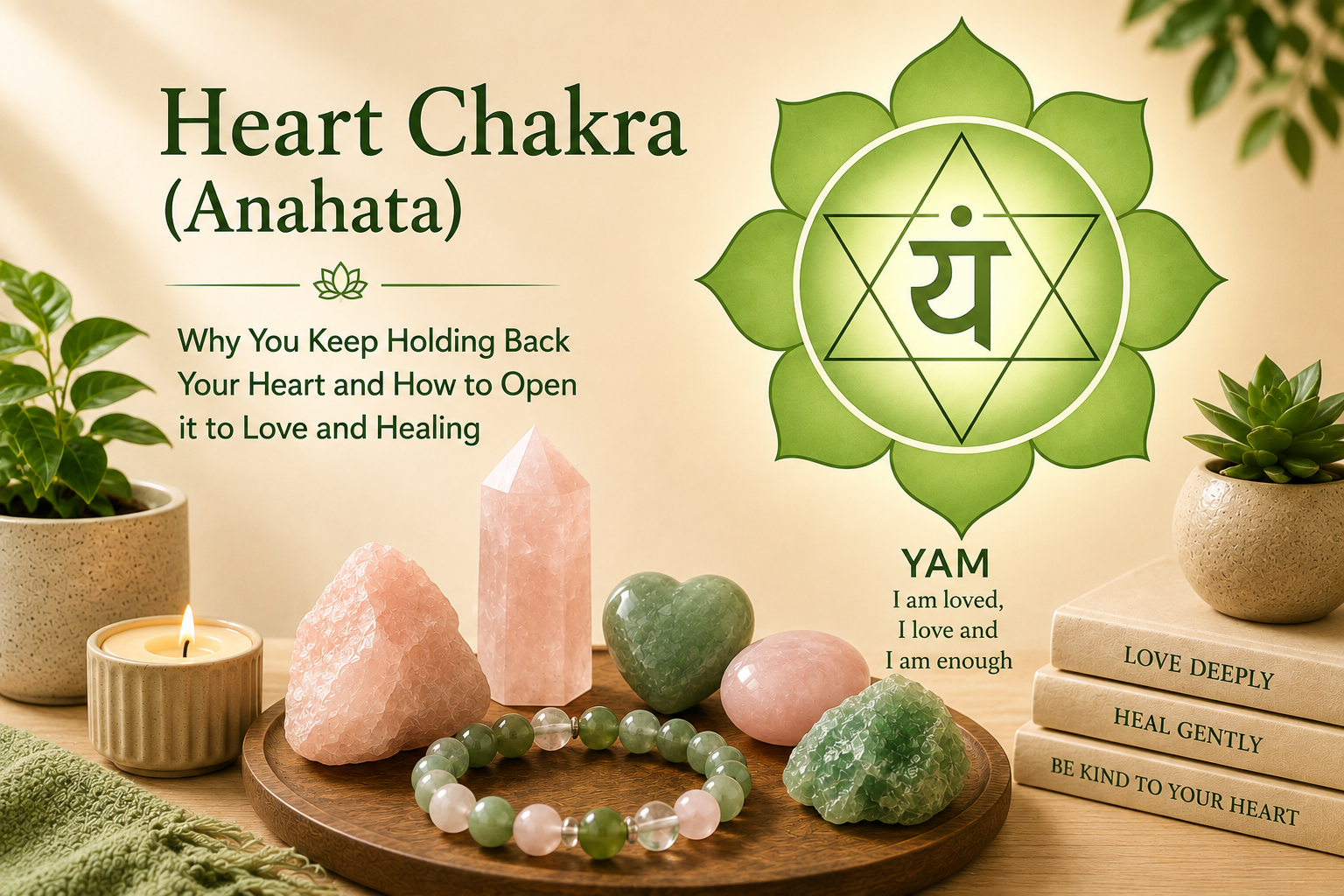 Heart Chakra (Anahata) featured image with green chakra symbol, Rose Quartz, Green Aventurine, Prehnite, Pink Opal crystals, and crystal bracelet on a warm wellness background.