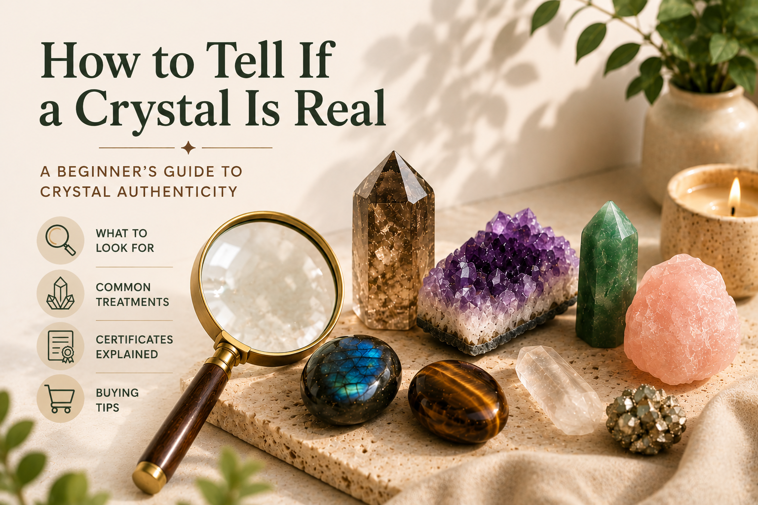 Magnifying glass beside natural crystals showing how to tell if a crystal is real and what to check before buying.