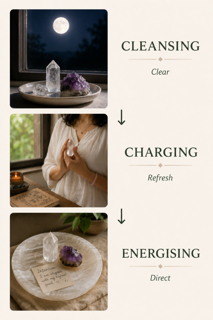 Simple infographic explaining crystal cleansing as clearing energy, charging as refreshing energy, and energising as directing the crystal with intention.