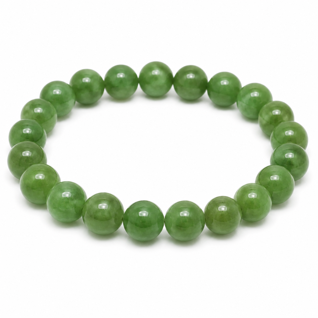 Natural Green Jade crystal bracelet for balancing Heart Chakra (Anahata) with polished round green gemstone beads arranged in a circular shape on a clean white background.