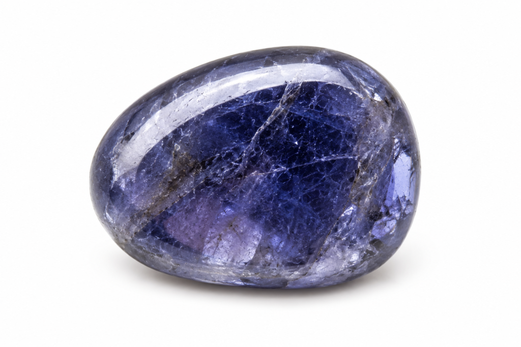 Natural polished Iolite tumble stone with deep violet-blue tones isolated on a white background, traditionally associated with the Third Eye Chakra, inner vision, intuition, wisdom, and self-discovery.