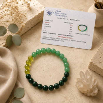 Kanya Rashi (Virgo) crystal bracelet with authenticity certificate on a warm beige luxury flat lay background featuring Peridot, Green Jade and Green Aventurine.