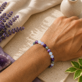 Kumbha Rashi Aquarius Bracelet with Labradorite, Opalite and Purple Suleimani beads worn on the wrist.