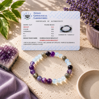Kumbha Rashi Aquarius Bracelet with Labradorite, Opalite and Purple Suleimani beads displayed with its authenticity certificate.