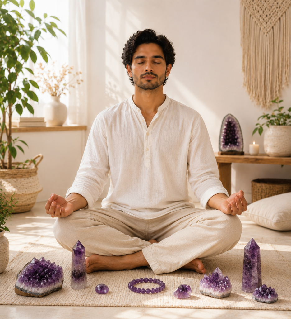 Man meditating in a bright peaceful space surrounded by Amethyst crystals, including clusters, points, tumbled stones and an Amethyst bracelet.