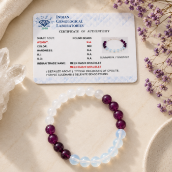 Meen Rashi Pisces bracelet with Purple Suleimani, Opalite and Selenite displayed with its authenticity certificate