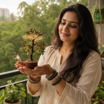Woman holding Money Magnet Crystal Tree with crystal bracelets and henna on a balcony surrounded by greenery