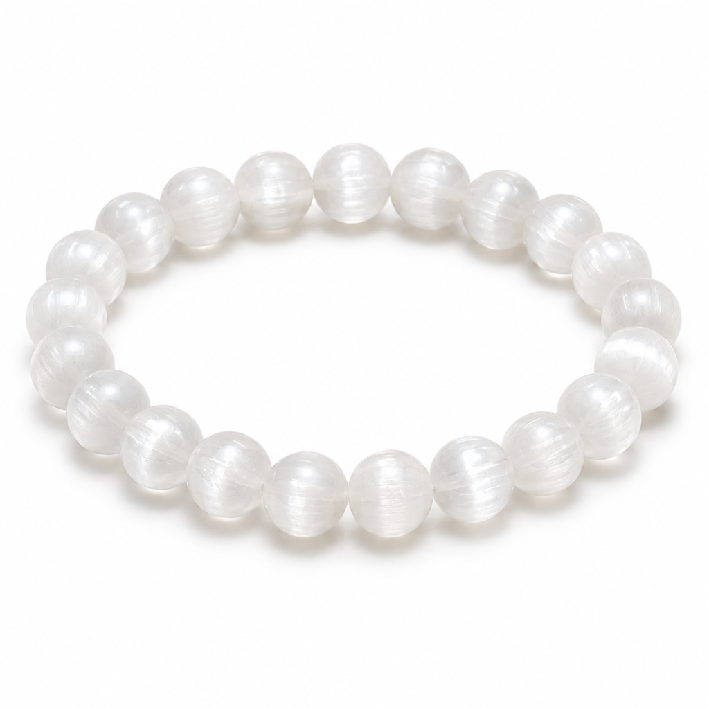 Natural Selenite crystal bracelet with polished white satin-finish round beads on a white background for meditation, mindfulness, and everyday wear.