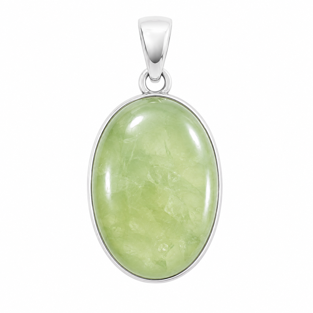 Natural Prehnite cabochon pendant for balancing Heart Chakra (Anahata) with a polished oval light green gemstone set in a sterling silver bezel on a clean white background.