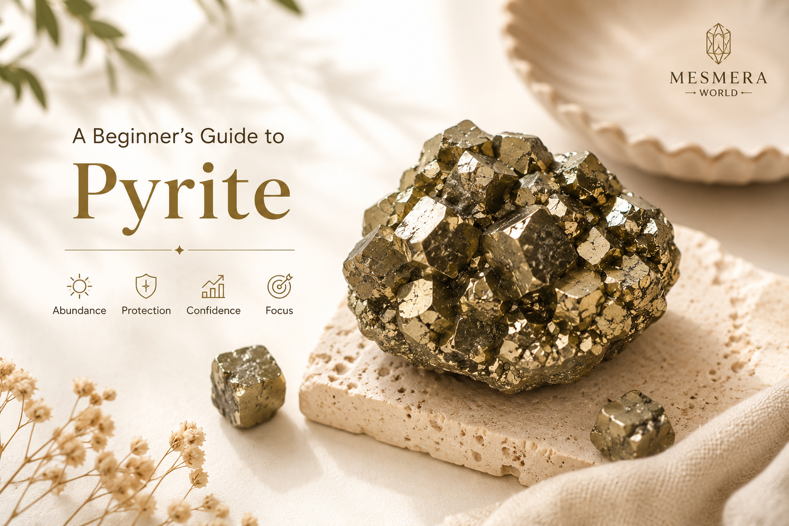 Natural golden Pyrite raw crystal on a warm neutral background for a beginner’s guide to Pyrite.