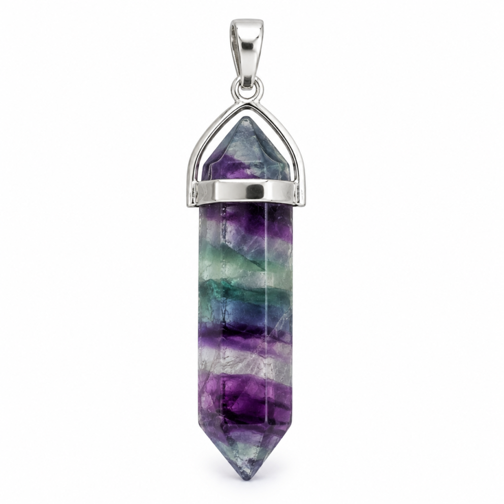 Natural Rainbow Fluorite crystal pendant with purple, green, and clear banding in a polished silver setting on a white background, traditionally associated with the Third Eye Chakra, mental clarity, focus, and intuition.