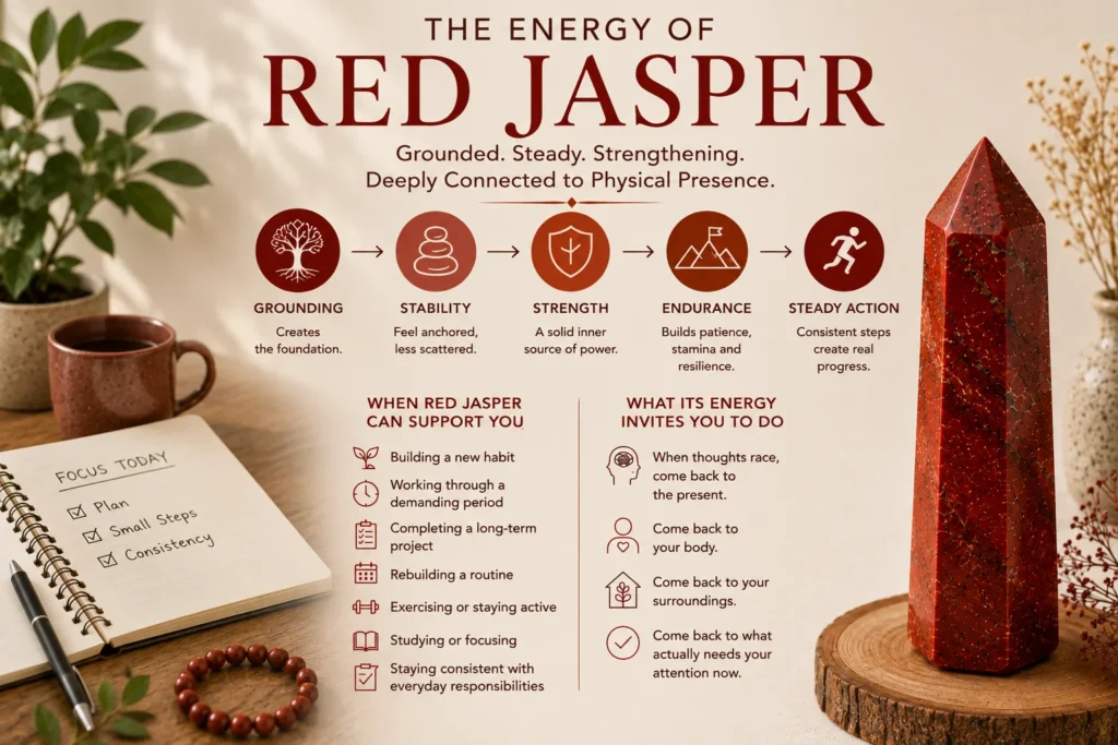 Red Jasper energy infographic showing grounding, stability, strength, endurance and steady action