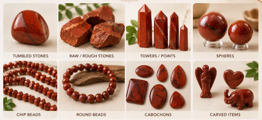 Different forms of Red Jasper including tumbled stones, raw stones, towers, spheres, beads, cabochons and carvings